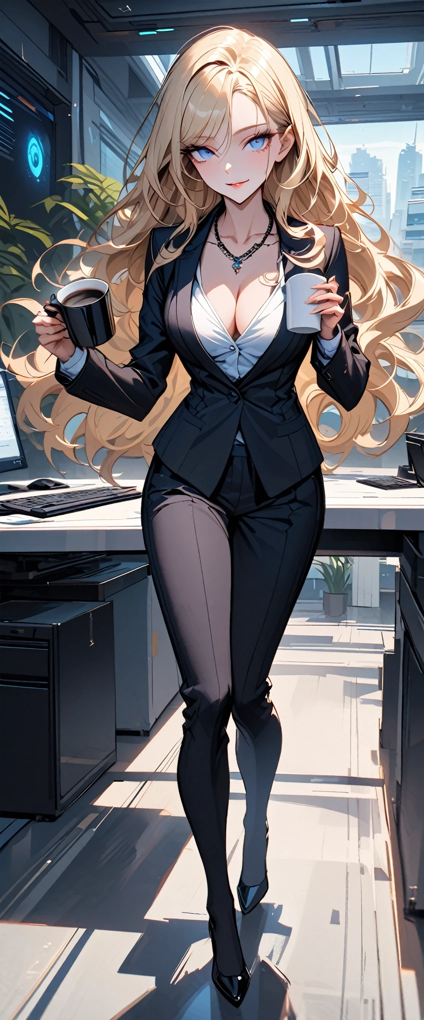 solo female, long wavy blonde hair, blue eyes, wink, secretary, office, business suit, calm seductive smile, elegant, necklace, business jacket, cleavage, computer, very large breasts, very long lashes, medium shot, futuristic:0.3, drinking coffee, relaxed, holding mug, day, full body