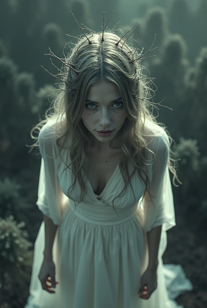 cinematic film still, from above, juxtaposition disturbing photo of a woman3 wearing white dress with her eyes opened covered in hair and thorns, alone, monochrome, grayscale, blank stare, slight smile, non-human, plant, Aesthetic (subject) juxtaposition, artistic, photography, dramatic light, dramatic shadow light, contrast, saturated color, cinematic, filmic, photorealistic, realism, perfection, perfect, juxtaposed, opposite, different things, side by side, syncretism, antithesis, juxtaposition style (subject), creative, photorealism, hyperrealism, fine art photography style, fine art cinematic photography style, shallow depth of field, vignette, highly detailed, high budget, bokeh, cinemascope, moody, epic, gorgeous, film grain, grainy