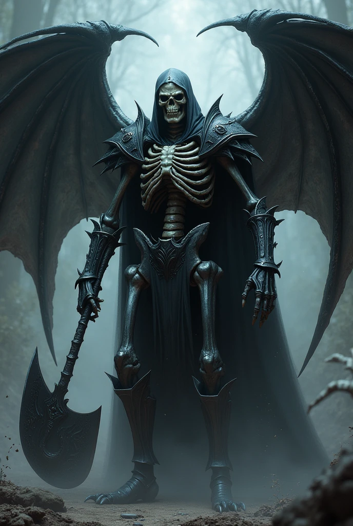 Skeleton monster with an axe with wings wearing black armor