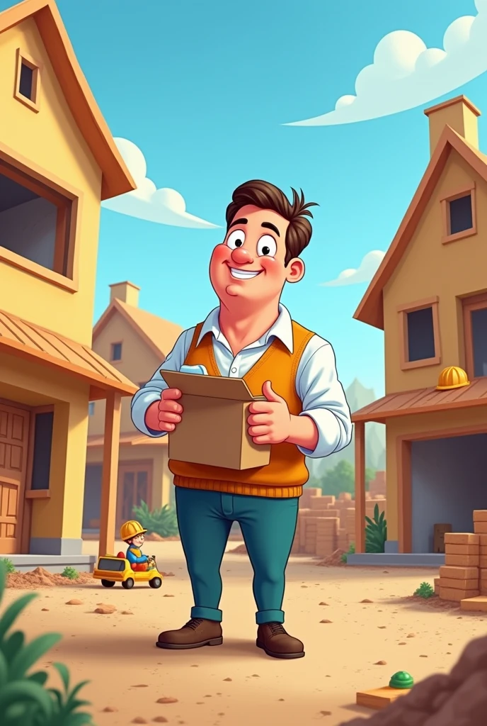 A teacher opens his lunch box in a house construction site. In cartoon mode and the character looks like he is about to eat