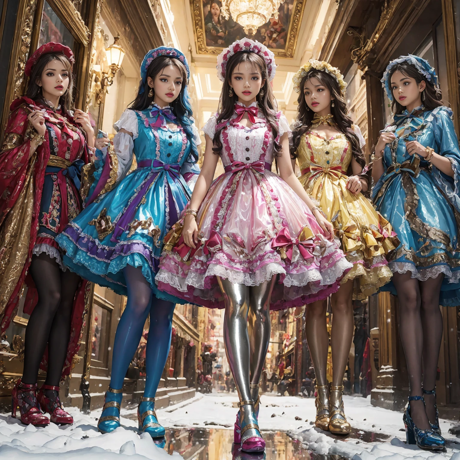 Movie poster composition, ((on a snowy mountain)), Miserable white skin, Ambilight, Nine-head body, Group photo, ((multicolored))，Three or more girls，Model figure, long-legged woman, A woman in a luxurious and elaborate lolita dress, wearing lolita mary jane shoes with ornate details, patterned tights, (Glossy Reflecting collection), (Glossy Reflecting collection), (Oily shiny)), (Metallic clothes), (Metallic dress), (Metallic tights):1.2)，, Postures vary, with reflective skin and reflective clothing, venusbody,Large movement amplitude, (full body shot), ray tracing, reflection light, chiaroscuro, UHD, masterpiece, anatomically correct, textured skin, super detail, high quality, 4K, highres