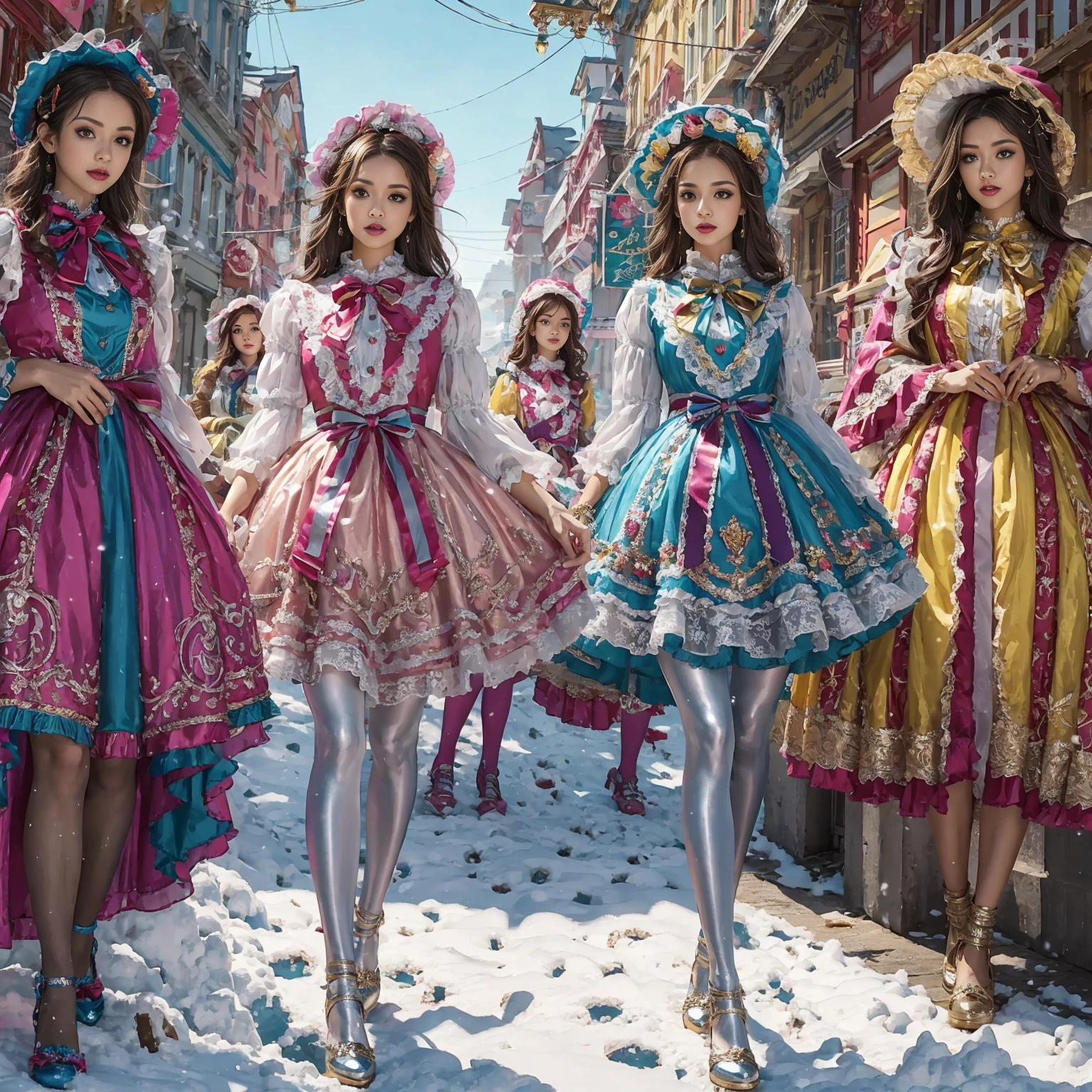 Movie poster composition, ((on a snowy mountain)), Miserable white skin, Ambilight, Nine-head body, Group photo, ((multicolored))，Three or more girls，Model figure, long-legged woman, A woman in a luxurious and elaborate ****ta dress, wearing ****ta mary jane shoes with ornate details, patterned tights, (Glossy Reflecting collection), (Glossy Reflecting collection), (Oily shiny)), (Metallic clothes), (Metallic dress), (Metallic tights):1.2)，, Postures vary, with reflective skin and reflective clothing, venusbody,Large movement amplitude, (full body shot), ray tracing, reflection light, chiaroscuro, UHD, masterpiece, anatomically correct, textured skin, super detail, high quality, 4K, highres