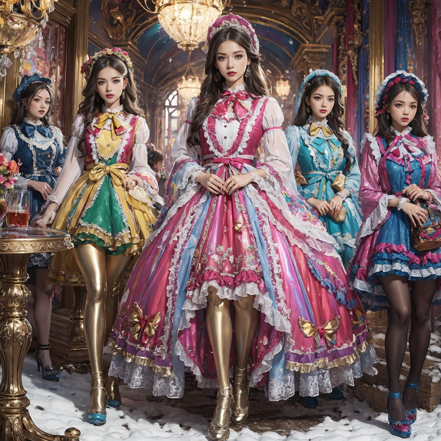 Movie poster composition, ((on a snowy mountain)), Miserable white skin, Ambilight, Nine-head body, Group photo, ((multicolored))，Three or more girls，Model figure, long-legged woman, A woman in a luxurious and elaborate lolita dress, wearing lolita mary jane shoes with ornate details, patterned tights, (Glossy Reflecting collection), (Glossy Reflecting collection), (Oily shiny)), (Metallic clothes), (Metallic dress), (Metallic tights):1.2)，, Postures vary, with reflective skin and reflective clothing, venusbody,Large movement amplitude, (full body shot), ray tracing, reflection light, chiaroscuro, UHD, masterpiece, anatomically correct, textured skin, super detail, high quality, 4K, highres