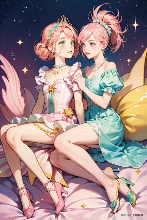 Starling has pastel yellow skin with green eyes, brown eyebrows, and pink lips. She has blue bubbles around her eyes and has two orange starfishes under her left eye. Her pink hair parts above her right eye and down to her knees. She has no animal ears or tail.
She wears a molded-on pink bodice with strings of pearls on it. There are pink shells down the middle of the bodice with blue bubbles between them. She wears an orange rubber starfish skirt.
Starling wears red open-toe shoes with starfishes on the front of the shoes and pearls at the top. She has a painted on pearl necklace and a headband made out of shells with a starfish on top. SPARKLE; GLITTER