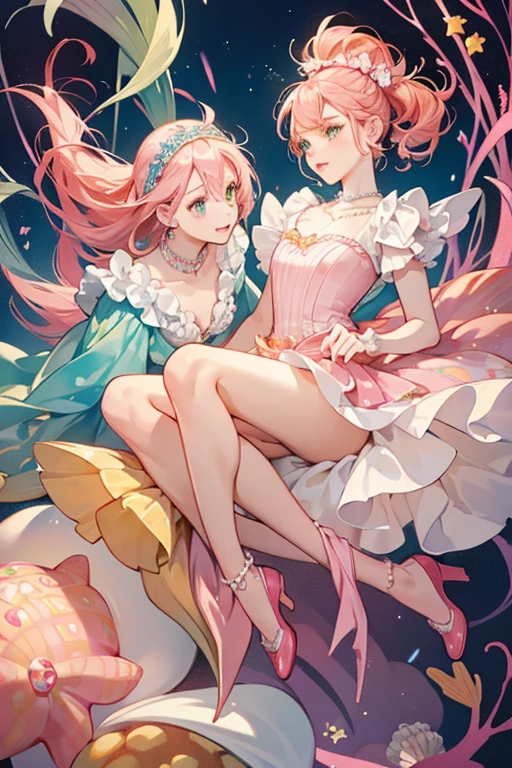 Starling has pastel yellow skin with green eyes, brown eyebrows, and pink lips. She has blue bubbles around her eyes and has two orange starfishes under her left eye. Her pink hair parts above her right eye and down to her knees. She has no animal ears or tail.
She wears a molded-on pink bodice with strings of pearls on it. There are pink shells down the middle of the bodice with blue bubbles between them. She wears an orange rubber starfish skirt.
Starling wears red open-toe shoes with starfishes on the front of the shoes and pearls at the top. She has a painted on pearl necklace and a headband made out of shells with a starfish on top. SPARKLE; GLITTER