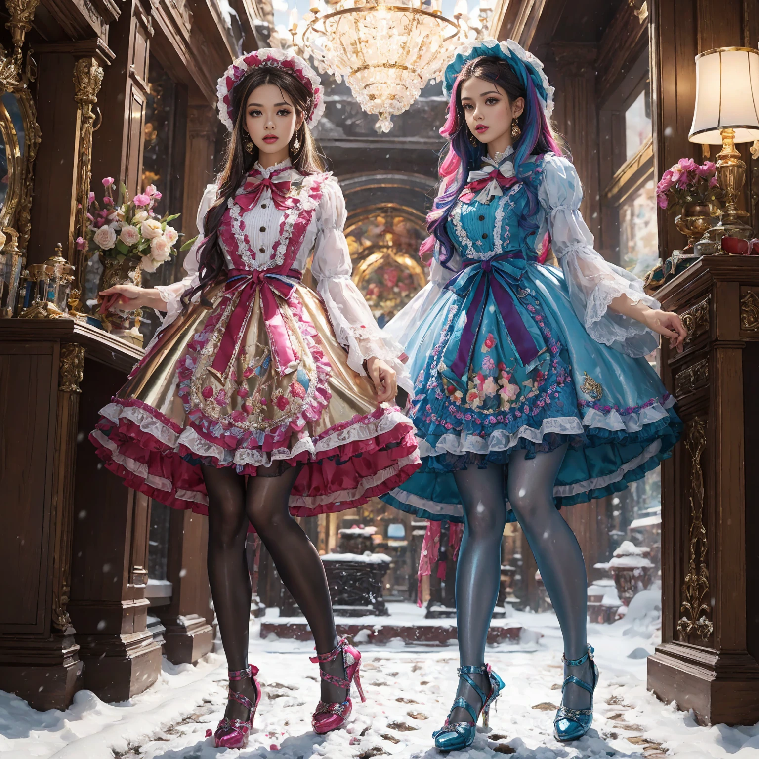 Movie poster composition, ((on a snowy mountain)), Miserable white skin, Ambilight, Nine-head body, Group photo, ((multicolored))，Three or more girls，Model figure, long-legged woman, A woman in a luxurious and elaborate lolita dress, wearing lolita mary jane shoes with ornate details, patterned tights, (Glossy Reflecting collection), (Glossy Reflecting collection), (Oily shiny)), (Metallic clothes), (Metallic dress), (Metallic tights):1.2)，, Postures vary, with reflective skin and reflective clothing, venusbody,Large movement amplitude, (full body shot), ray tracing, reflection light, chiaroscuro, UHD, masterpiece, anatomically correct, textured skin, super detail, high quality, 4K, highres