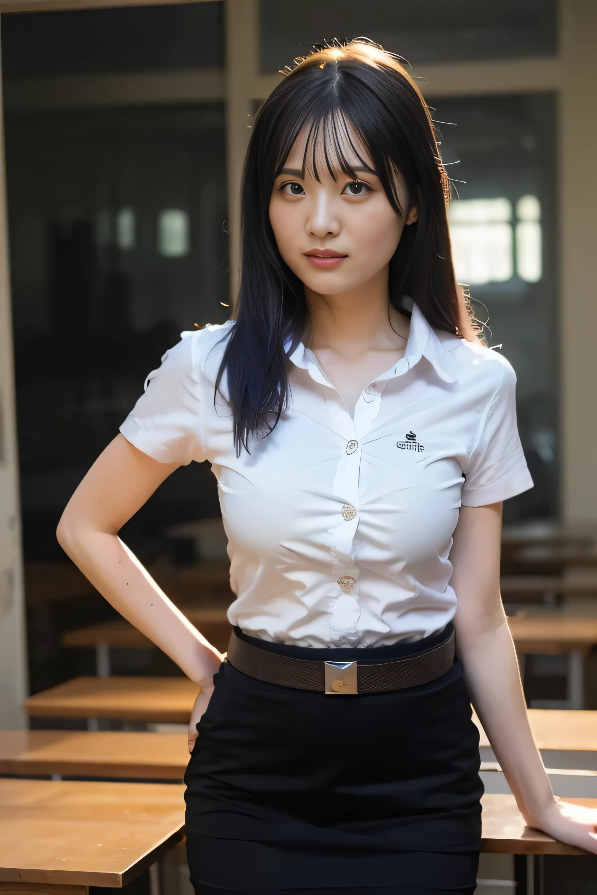 Close up,1 girl{{A beautiful woman wearing a white short-sleeved shirt and a short black pencil skirt}} , standing, sexy pose. with several lecture tables set up behind it There is a sliding glass window. There was evening light streaming into the room.