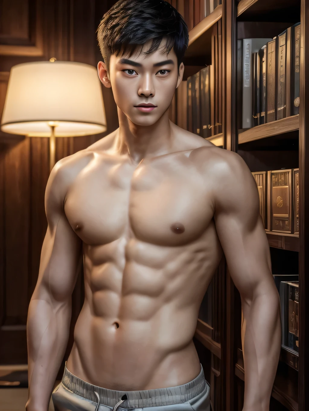 (masterpiece:1.2, photorealistic:1.4, ultra realistic, super detailed, 4k, best quality), a -yeld Chse boy standing in a college library shirtless and wearing only pants, young face, chinese idol, very slim body build, skinny, twink, light muscle definition, young boy, handsome face, Cute and lively, detailed eyes, detailed face, full body image, Super refined, detailed face, detailed eyes, ultra realistic skin, shot on Nikon d850 50mm, dlsr, RAW, cinematic lighting, 3 point flash with soft box