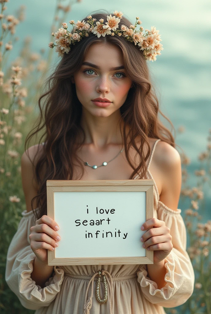 Beautiful girl with wavy long hair, bohemian dress, holding a white board with text "I Love Seaart Infinity" and showing it to the viewer