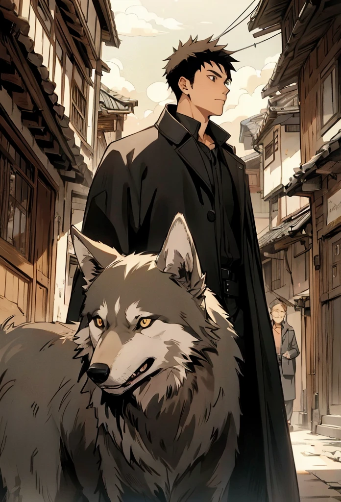young man in 2024 with black coat and a pet wolf