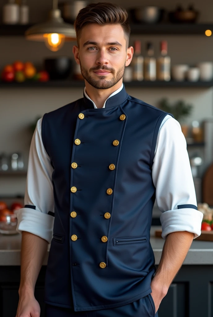 Chef jacket color: Navy blue White sleeves and gold buttons
