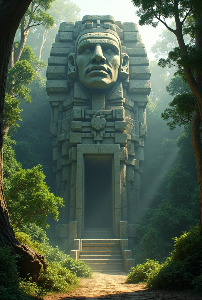 there is a large stone statue in the middle of a forest, stone eyes, movie frame 'Thor', neoandean architecture, Face centered, playstation 2 screenshot, conceptual image, by Jung Park, the lost city of atlantis , face shown, Google Street View, 3d Max, psytrance
