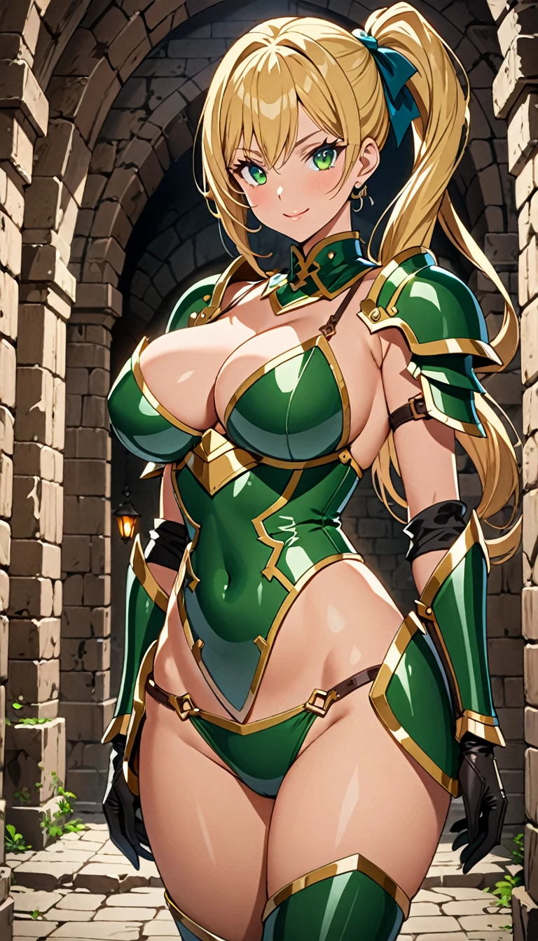 ((masterpiece)), ((Ultra quality)), ((super detailed)), ((high resolution)) ,((8k)), a beautiful woman, ((She is one of the most famous female Thief)), unparalleled beauty, ((huge breast)), ((large ass)), ((deep cleavage)), slim waist, chest out, ultra detailed face, perfect skin, (((Blonde hair in a side ponytail))), ((Green eyes)), detailed eyes, whole body image, (((anime))), ((glamorous)), ((2)), ((incredibly beautiful woman)), ((The G cup bust)), ((((Bikini Armor, Light clothing)))), ((beautiful breasts)), beautiful legs, 8 life size, anime, the most beautiful, ((charm)), ((Grown-up face)), ((Perfect fingers)), ((Bewitching)), ((heroine)), ((Exploring a dungeon, Adventurer)), ((Dazzling Smile)),