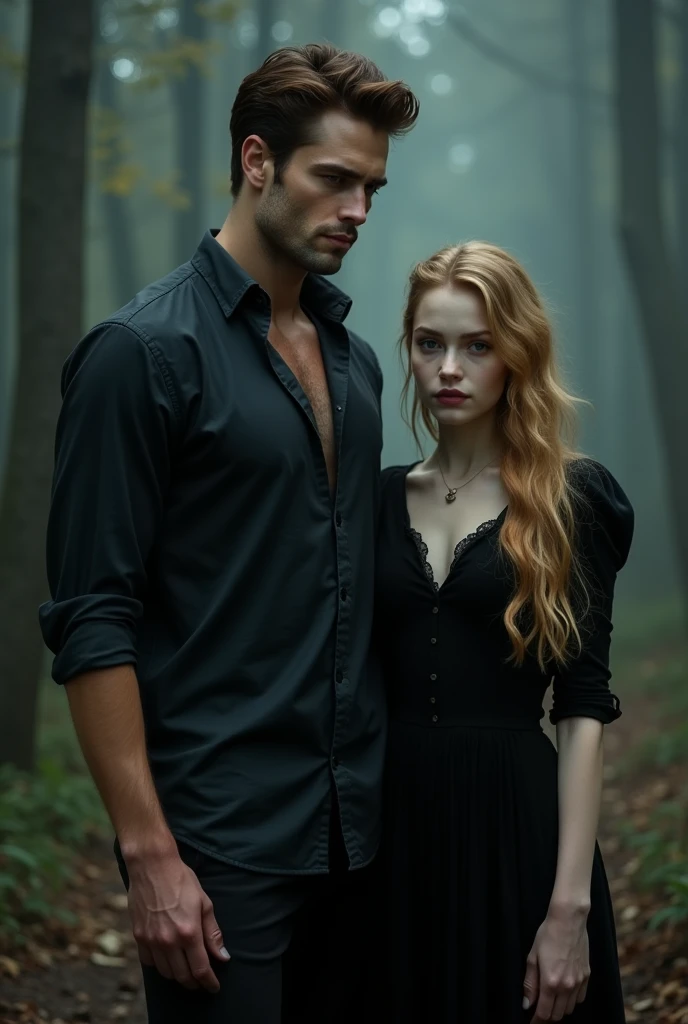 Homem stark estilo Crepúsculo, 3, stark, tall muscular, At her side an 18 year old girl, blonde, dressed in a black dress Vintage style 
