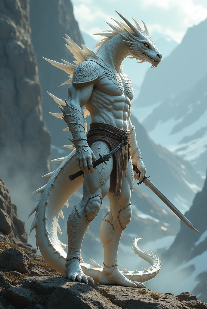 Create a dragonborn, He has no wings, he has white skin, he is less strong