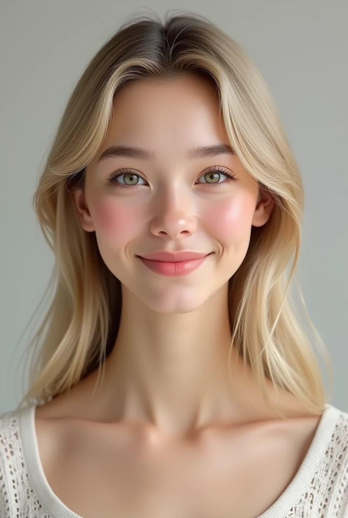 A very hyperrealistic full-body image of a young woman none wearing nude, with natural curves. Her breasts are of average size, around a C-cup, with a soft and natural appearance. The woman has an oval face and a gently defined jawline. Her skin is light and smooth, with a natural blush on her cheeks. She has straight, blonde hair that falls evenly on both sides, parting in the middle, and reaches just to her shoulders, neatly framing her slightly larger-than-average forehead. Her eyebrows are straight, moderately thick with a subtle arch, aligning perfectly with the shape of her medium-sized, almond-shaped eyes. These eyes, in a light shade of blue or green, have a slight downward tilt at the outer corners, contributing to her calm and serene expression. Her nose is straight, proportionate to her face, with a smooth bridge and a gently rounded tip. Her lips are medium in thickness, with a slightly thinner upper lip and a fuller lower lip, forming a small, friendly smile. The upper lip has a softly defined Cupid’s bow. The overall expression on her face is content and welcoming, with her features harmoniously balanced. She has a medium-length neck that complements her facial proportions.