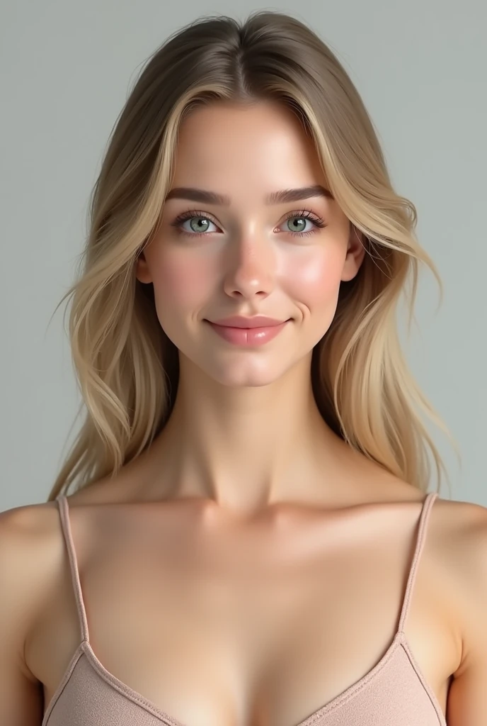 A very hyperrealistic full-body image of a young woman none wearing nude, with natural curves. Her breasts are of average size, around a C-cup, with a soft and natural appearance. The woman has an oval face and a gently defined jawline. Her skin is light and smooth, with a natural blush on her cheeks. She has straight, blonde hair that falls evenly on both sides, parting in the middle, and reaches just to her shoulders, neatly framing her slightly larger-than-average forehead. Her eyebrows are straight, moderately thick with a subtle arch, aligning perfectly with the shape of her medium-sized, almond-shaped eyes. These eyes, in a light shade of blue or green, have a slight downward tilt at the outer corners, contributing to her calm and serene expression. Her nose is straight, proportionate to her face, with a smooth bridge and a gently rounded tip. Her lips are medium in thickness, with a slightly thinner upper lip and a fuller lower lip, forming a small, friendly smile. The upper lip has a softly defined Cupid’s bow. The overall expression on her face is content and welcoming, with her features harmoniously balanced. She has a medium-length neck that complements her facial proportions.