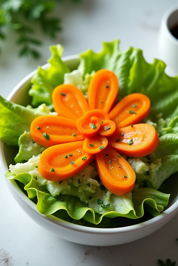 Make a lettuce salad with carrot on top of a container