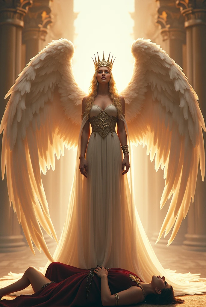Queen avec des ailes d'ange le pied poser sur sont adversaire 
