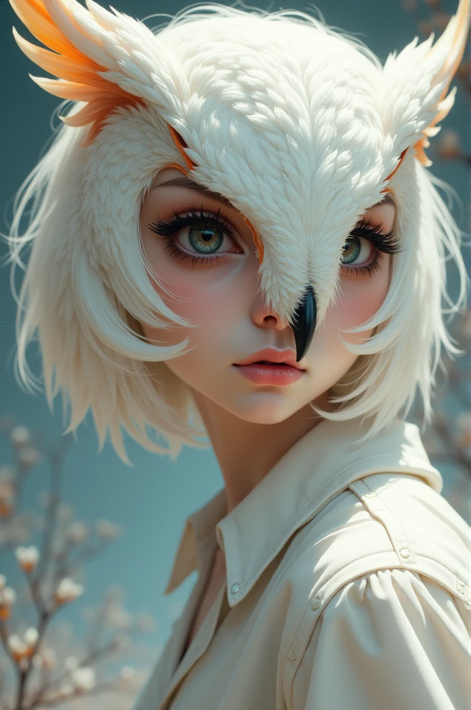 In a manga style, a white teenager, with white hair and a slightly pink lip, half owl, as a hybrid