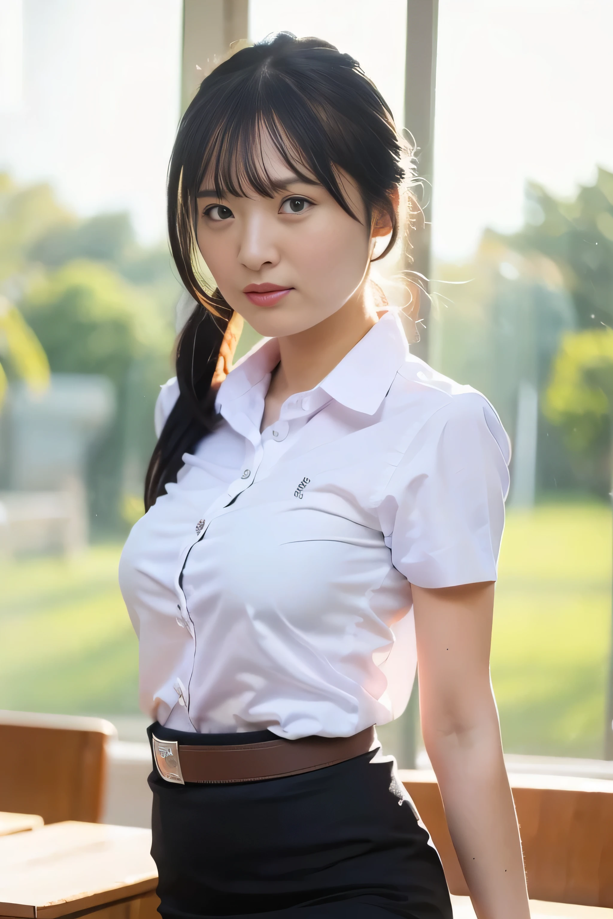 Close up,1 girl{{A beautiful woman wearing a white short-sleeved shirt and a short black pencil skirt}} , standing, sexy pose. with several lecture tables set up behind it There is a sliding glass window. There was evening light streaming into the room.