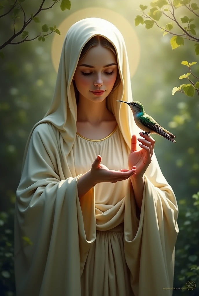 ((best quality)), ((masterpiece)), (detailed), virgin mary, with a hummingbird in a finger