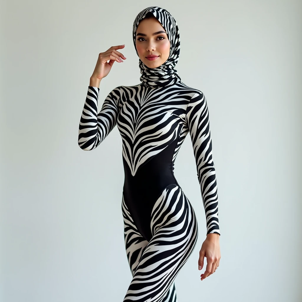 The beautiful Asian muslimah adult girl with beautiful cheeks wears plains zebra print full lycra dancewear turtleneck unitard catsuit covered with stripes and plains zebra print lycra elastane dancewear hijab covered with stripes.