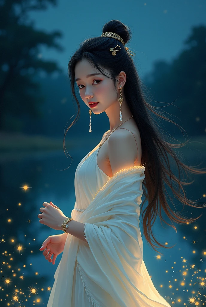 full lenght On a dark moonless night by the river bank, in the wind of the light of tiny fireflies flying around the edge of the forest, there is a beautiful, sweet, gentle young woman, 2, smiling a little. Her long, black hair flows smoothly. On both wrists she wears small white and gold snake bracelets. Beautiful gold hair accessories, in a pure white Thai dress, a glowing white shawl over her shoulders. High-octane pink, dynamic profile, oil painting, 3D painting, art painting by Ajarn Chalermchai.