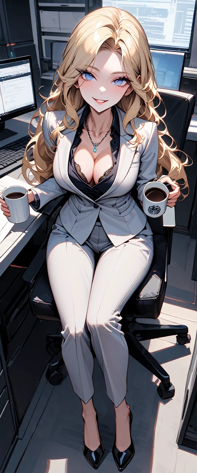 solo female, long wavy blonde hair, blue eyes, wink, secretary, office, business suit, wide seductive smile, elegant, necklace, business jacket, cleavage, computer, very large breasts, very long lashes, futuristic:0.3, drinking coffee, relaxed, holding mug, day, full body, close up