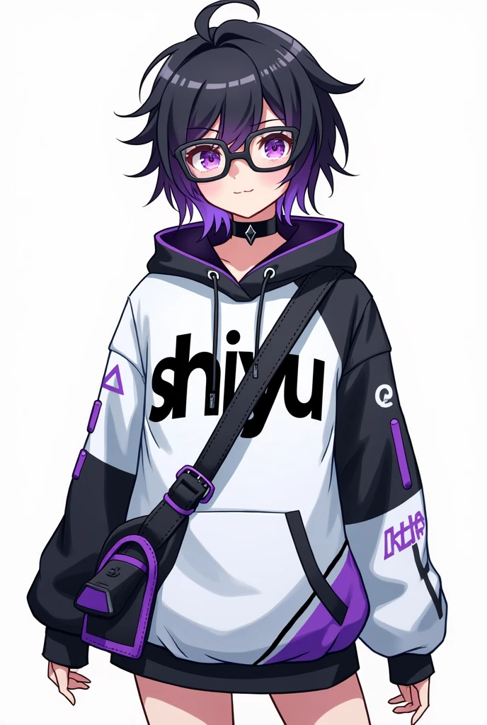 Make a drawing-type image of a female character with these characteristics: hair: The hair is black with dark purple highlights.. It&#39;s short and messy, with locks falling over her forehead and sides. One strand in particular is highlighted in bright purple. face: He wears rectangular-framed glasses, purple eyes Clothes: Wear a modern and futuristic style hoodie. The sweatshirt has a white design, black and purple, with light blue details. on the chest, you can clearly see the text "SHIYU", and the sweatshirt has various geometric elements and patterns, including triangles and lines. Accessories: She wears a black choker around her neck., which reinforces its alternative look. besides, A black shoulder bag with purple and blue details crosses his chest., which appears to be both a fashion accessory and a functional one. the background should be white and look like it&#39;s a drawing or sketch that has a big chest