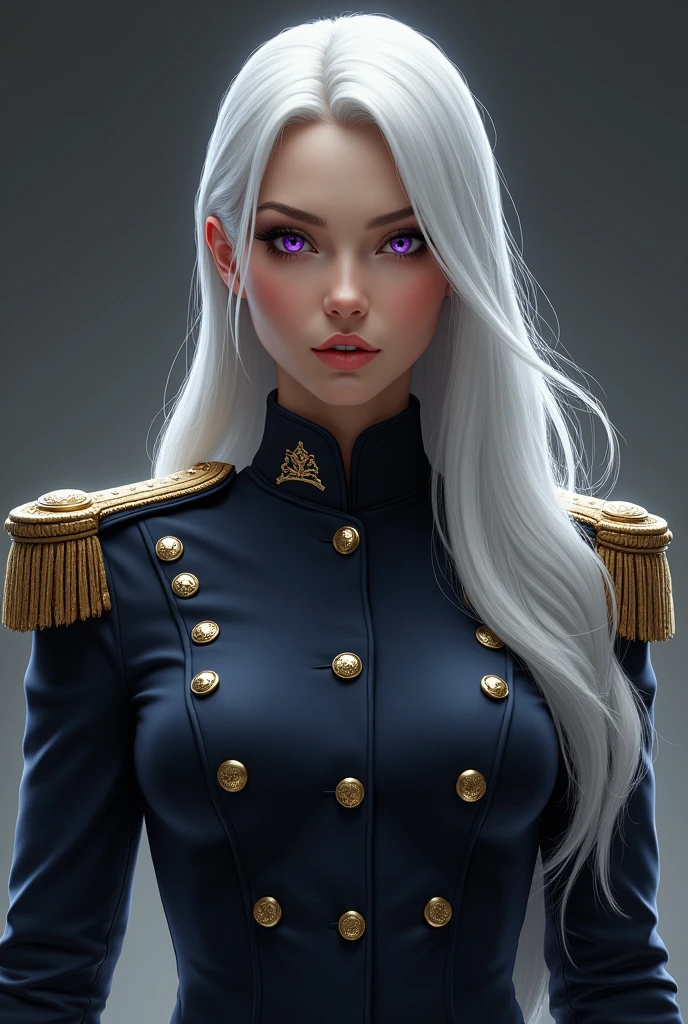A woman with long straight white hair with violet eyes and wearing a general&#39;s outfit

