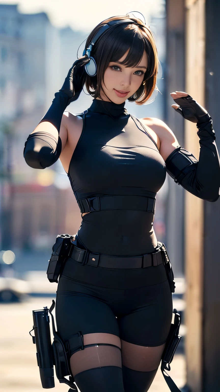 (A woman),(((A woman salutes with her right hand.:1.5))),(((Straighten the left hand:1.5))),((Black tactical tights:1.5)),((Black headphones:1.5)),((Black tactical holster:1.5)),(Black Gloves:1.5),(Smile:1.5),(short hair:1.5),(beautiful eyes:1.3),(Very detailedな顔:1.5),((Very detailedな女性の手の描画:1.5)),((muscular:1.5)),(Sexy appearance:1.5),((Thick thighs:1.5)),(Beautiful Body:1.5),((Very sensual:1.5)),(Background is the city:1.5),(((Blurred Background:1.5))),(Written border depth:1.5),rest(((masterpiece:1.5),(best quality:1.5),(Very detailed:1.5),(high resolution:1.5),(Practical:1.5),(Practical:1.5),(Delicate depiction),(Carefully drawn))),8K,wallpaper