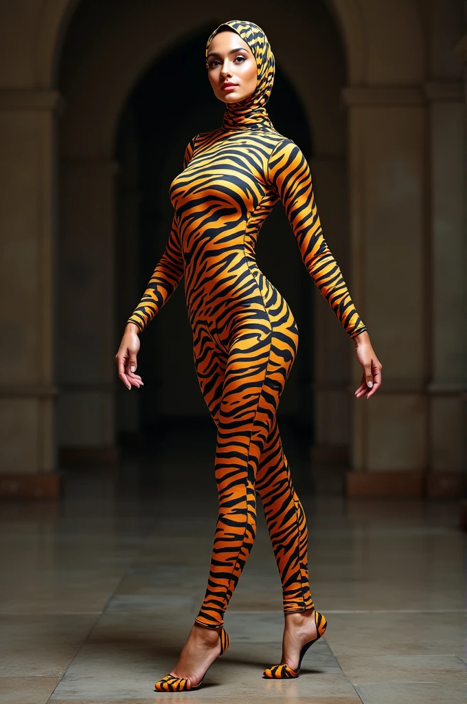 The beautiful muslimah adult girl with beautiful cheeks wears zebra print full lycra dancewear turtleneck unitard catsuit with zebra print socks and zebra print lycra elastane dancewear hijab.