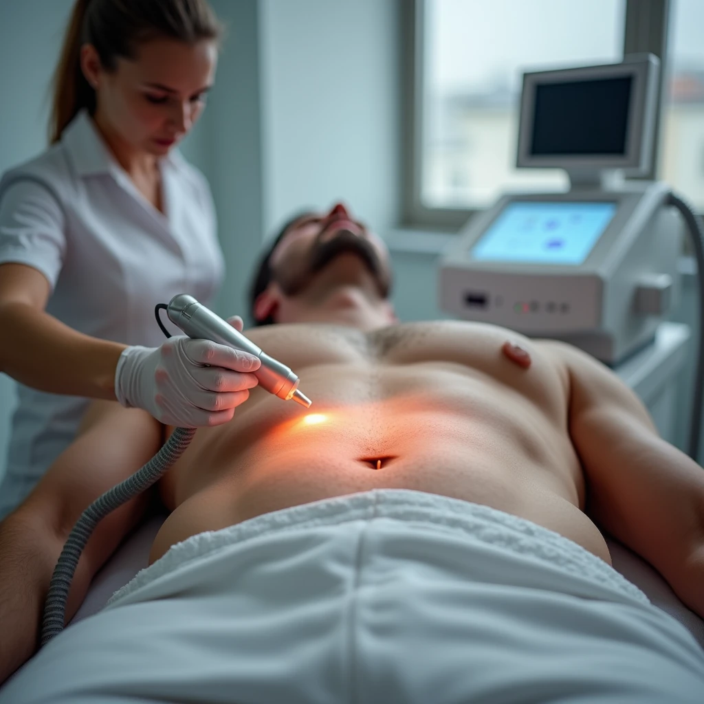 A realistic scene of laser hair removal in a clinical setting with real people. In the foreground, only the arm and hand of a beauty professional are visible, without showing the body or gender. In the background, a man with a defined and muscular body is lying down, receiving the treatment. The focus is on the man's abdomen, which is completely hairless and smooth, while a visible laser beam is in action. The environment is clean and modern, with aesthetic equipment in the background.