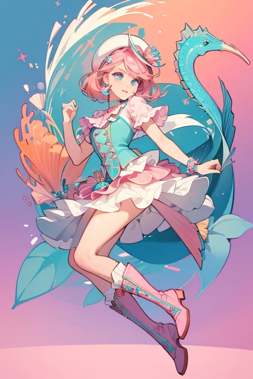 Sandella has mint-colored skin with blue eyes, pinks lips, and brown eyebrows. She wears pink and blue eyeshadow with seafins and blue and pink dots around her eyes. Her pink hair surrounds her seahorse ears and reaches down to her hips.
Sandella wears a light purple bodice with a purple vest over it. The vest has two orange seashells and white scallops on the side. She wears a skirt with a pink elastic band. The skirt has a jagged trim while being longer in the back. There are pink and blue corals against an orange background on the skirt.
Sandella wears orange cowboy boots with a scaley texture for the soles and fins on the sides of the boots. She wars a purple cowboy hat and wears seafin bracelets. SPARKLE; GLITTER