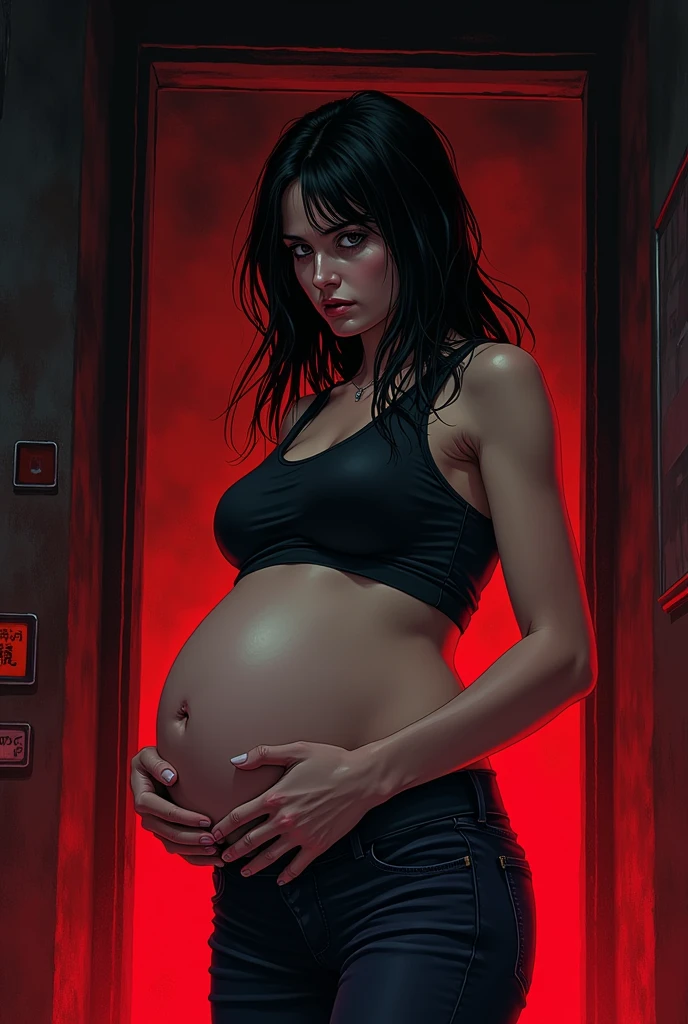 Pregnant woman suspense drawing for book cover non-realistic manga type red and black