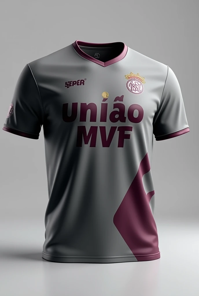 Create a soccer team shield written uniao mvf on a gray blouse with wine in 3d for presentation