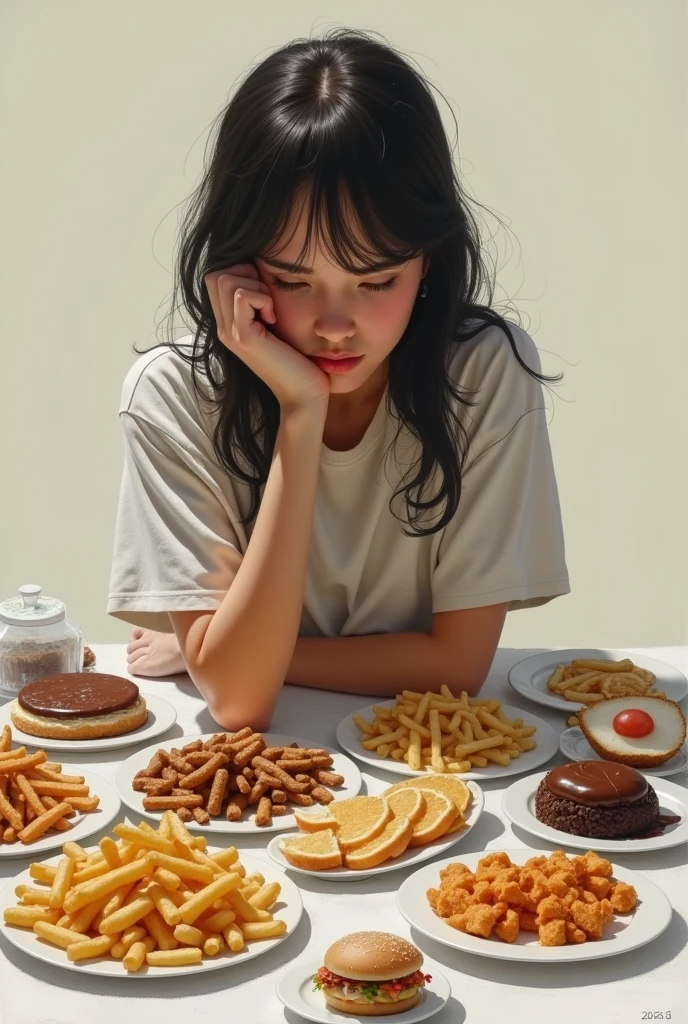 [SCENE 1: Girl pensando]

Girl: “Ugh… I’m so hungry”.” [Imagine several plates of junk food]

