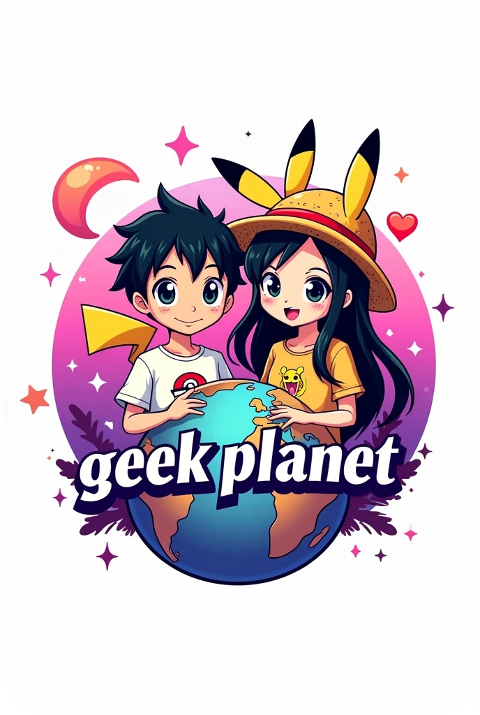Un logo con un 🌎 en el fondo combinado con el símbolo de estrella corazón y luna creciente en color rosa con morado en la parte superior izquierda, two anime figures a boy with wavy hair and a girl with straight black hair, Pikachu ears and a Pikachu t-shirt and a Luffy hat from One Piece with bright colors and the name Geek Planet in the middle with a white background