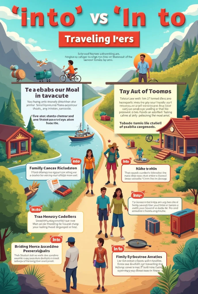 Make a grammar poster about the usage words "into and in to" themed around traveling