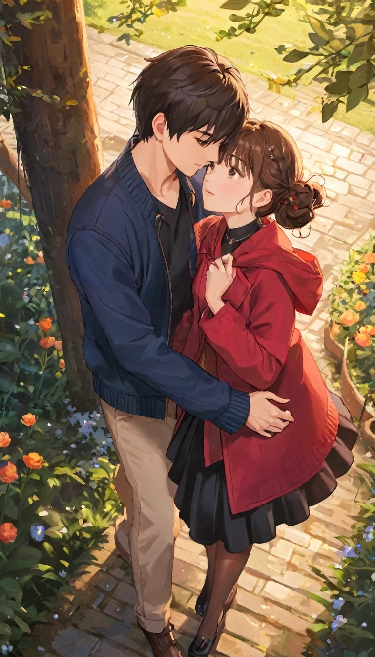 one person's, Ahoge, bangs, black skirt, black sweater, Blue Claws, Blurred, Blurred background, chest, Brown eyes, Brown Hair, brown Jacket, Mouth closed, Day付付き, Day, Written boundary depth, Earrings, eyelash, Please raise your hand, Tilt your head, Jacket, jewelry, Long Hair, Long sleeve, Show Viewer, medium chest, Manicure, Open clothes, open Jacket, Outdoor, Pursing your lips, Putting in a shirt, Side Lock, skirt, Sleeves are longer than the wrist, alone, sweater, Upper Body, zipper, smile, ((masterpiece)),