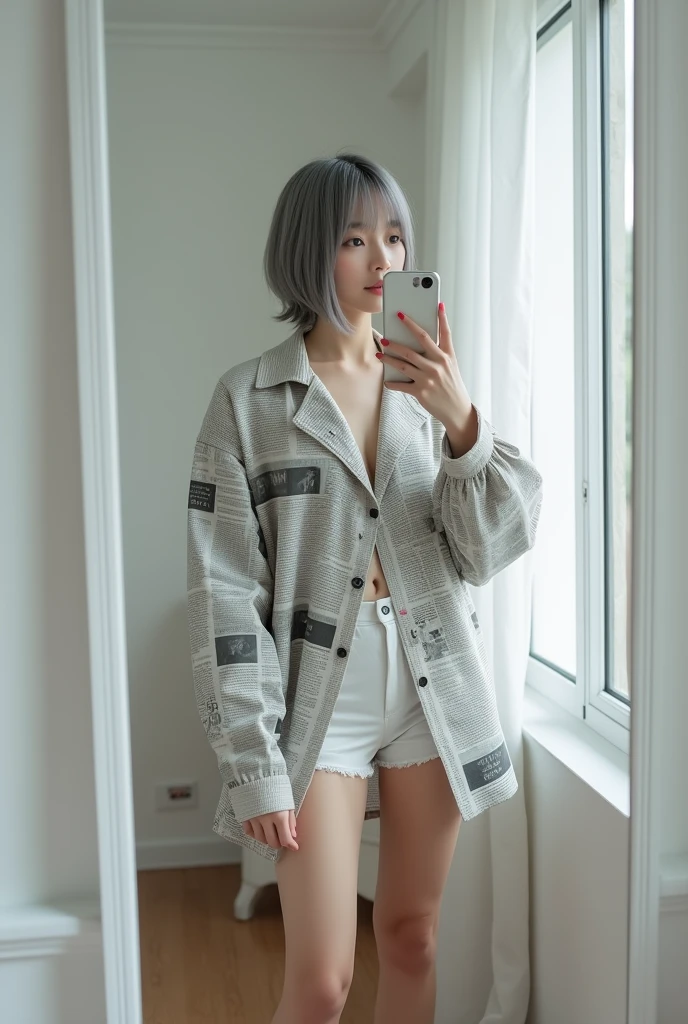 highly detailed, beautiful, hyper Realistic girl, masterpiece, best quality, Japanese sexy gravure woman, 28-years-old, identity hidden, takes a selfie in her room using a smartphone in front of a mirror with one hand, Hold the bottom of your shirt with one hand、fashion model Posing, looking away from the camera, /// gray short hair, light color eyes, Realistic skin, Detailed face, /// Design a futuristic fashion ensemble centered on white, (wearing a All News Paper Print Big nylon Shirt, Shorts are hidden in a big and logshirt). Complete the look with white ankle boots that have a metallic finish and a translucent, The overall vibe should exude a sleek, forward-thinking style that seamlessly blends modern minimalism with a touch of the future, /// Monotone simple modern taste single room, mirror, complicated background,