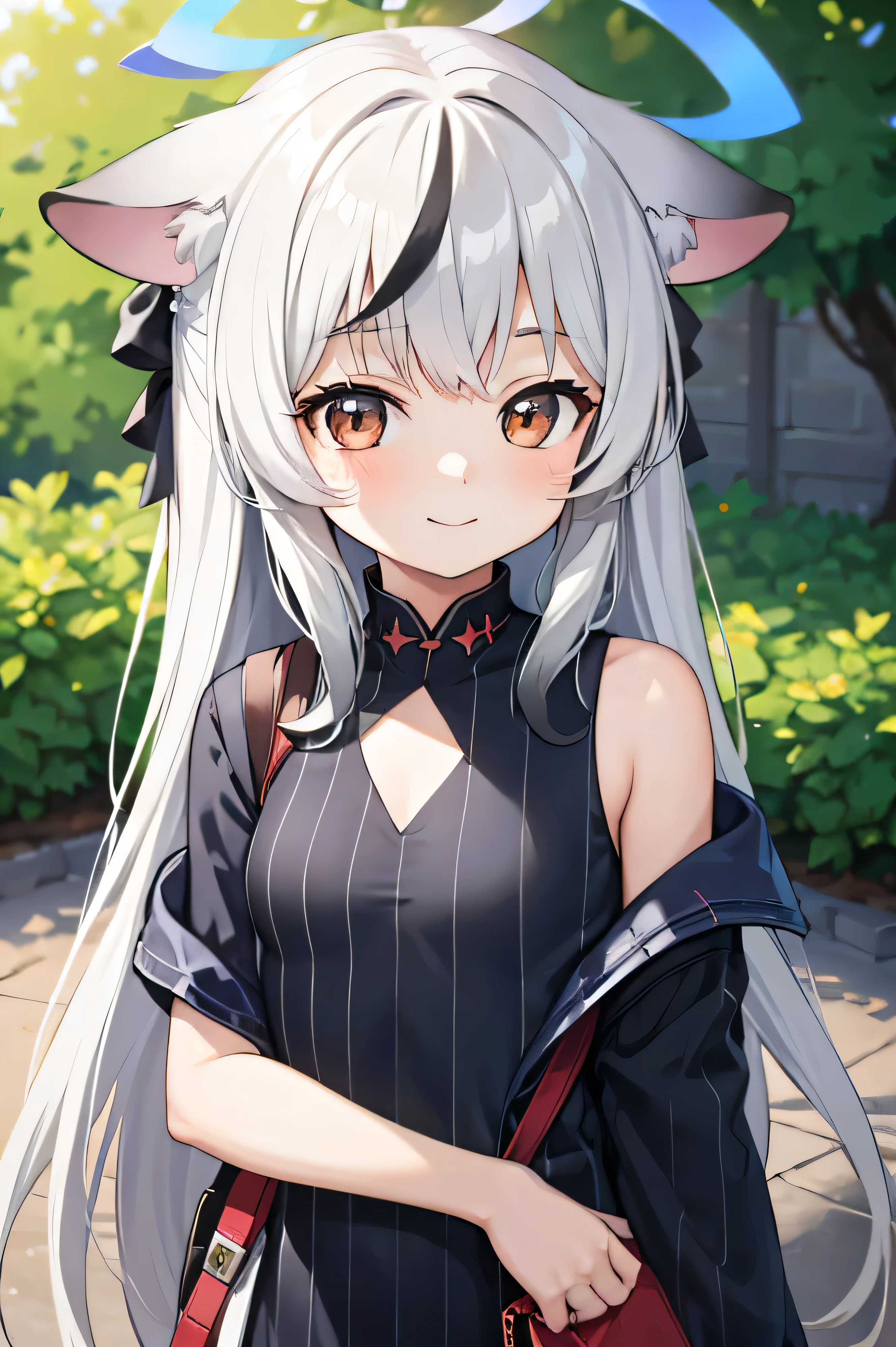 Gray Hair, Cute , Little, An outdoor masterpiece, 4k quality, 4K resolution, Long Hair, smile, Halo on head, Upper Body, Animal ears, Black clothes