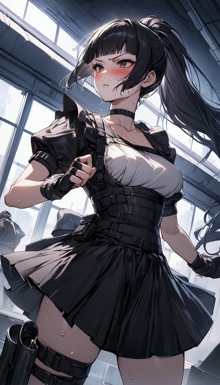 1girl solo,Female fighter ,maid outfit, collarbone, {{white puff sleeves:1.4}}, {{White short-sleeved puff-sleeved blouse:1.6}},black shoulder straps, black corset, black flared skirt, blunt bangs, black choker. Dynamic composition,dutch angle,{{fight}},{{masterpiece}}, {{{Highest quality}}},{{Very detailed}},holster ,Fight,,{{v-shaped eyebrows}},Bad mood,blush,Sweat,raise one's eyebrows ,Black hair Long hair,Blunt bangs ,cyberpunk ,Black fingerless gloves ,White frilled apron,Black shorts under skirt,ponytail,Beautiful thighs,Training area,Indoor