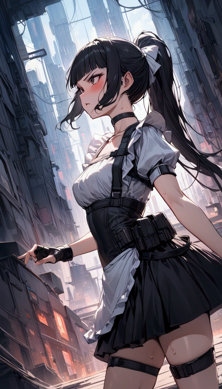 from side,cowboy shot,1girl solo,Female fighter ,maid outfit, collarbone, {{white puff sleeves:1.4}}, {{White short-sleeved puff-sleeved blouse:1.6}},black shoulder straps, black corset, black flared skirt, blunt bangs, black choker. Dynamic composition,dutch angle,fighting stance,{{fight}},{{masterpiece}}, {{{Highest quality}}},{{Very detailed}},holster　,Fight,,{{v-shaped eyebrows}},Bad mood,blush,Sweat,raise one's eyebrows　,Black hair Long hair,Blunt bangs　,cyberpunk　,Black fingerless gloves　,White frilled apron,ponytail,Training area,Indoor