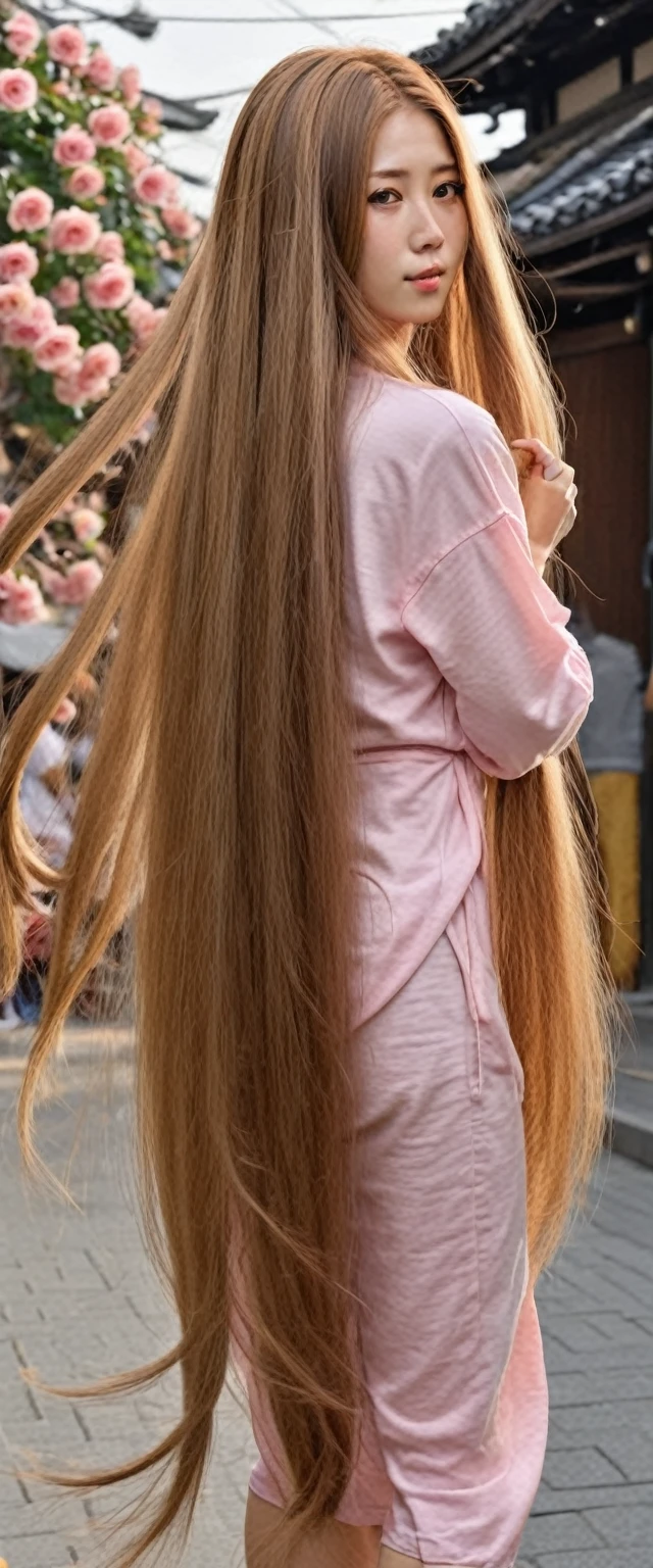 Japanese girl,(masterpiece, best quality:1.2), photorealistic, realistic, 1girl, very long hair,(Knee-length hair),some long hair covers the breasts and stomach,, hairclawstyle, tying hair, gold hairclaw, happy face ,arm behind head,walking on street town,rose flower on hair,rose ,hard lightning from sunlight , straight hair, very thick hair,