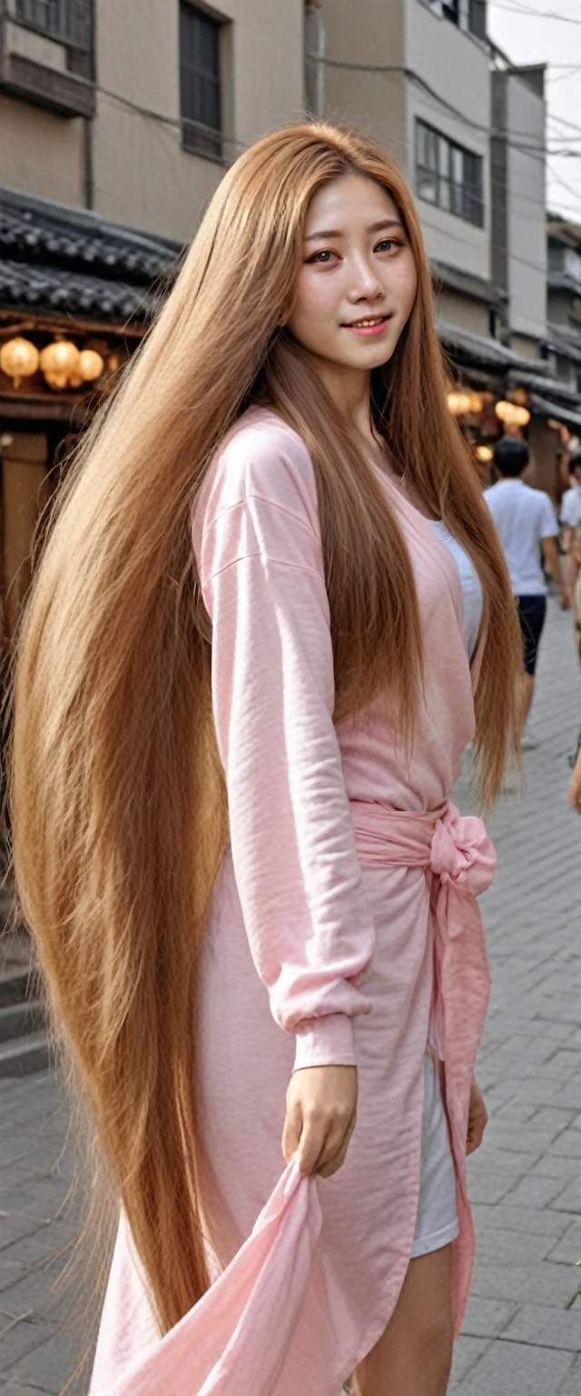  Japanese girl,(masterpiece, best quality:1.2), photorealistic, realistic, 1girl, very long hair,(Knee-length hair),some long hair covers the breasts and stomach,,    hairclawstyle, tying hair, gold hairclaw, happy face ,arm behind head,walking on street town,rose flower on hair,rose ,hard lightning from sunlight , straight hair, very thick hair,
