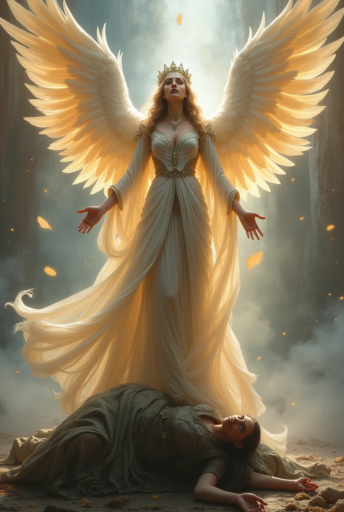Queen avec des ailes d'ange le pied poser sur sont adversaire avec le visage de face