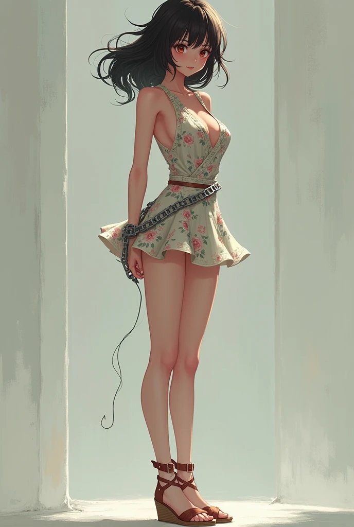 Young woman in handcuffs, anime, short floral dress with a neckline, Wedge sandals, knee-high stockings, hands behind your back, full length, view from the back, shackles on legs, legs spread