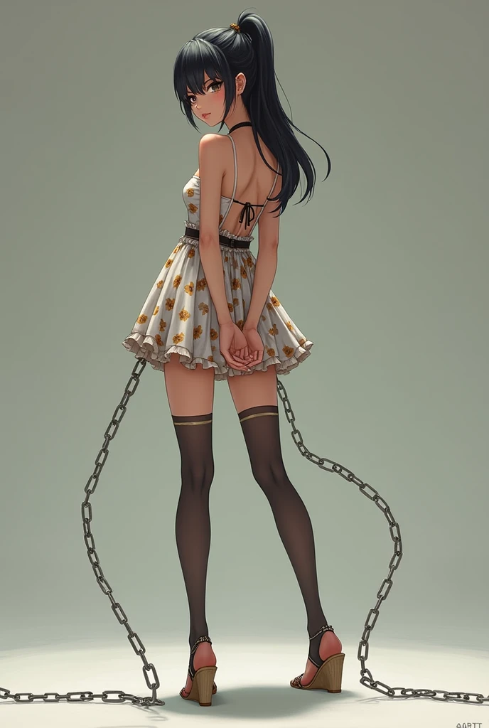 Young woman in handcuffs, anime, short floral dress with a neckline, Wedge sandals, knee-high stockings, hands behind your back, full length, view from the back, shackles on legs, legs spread